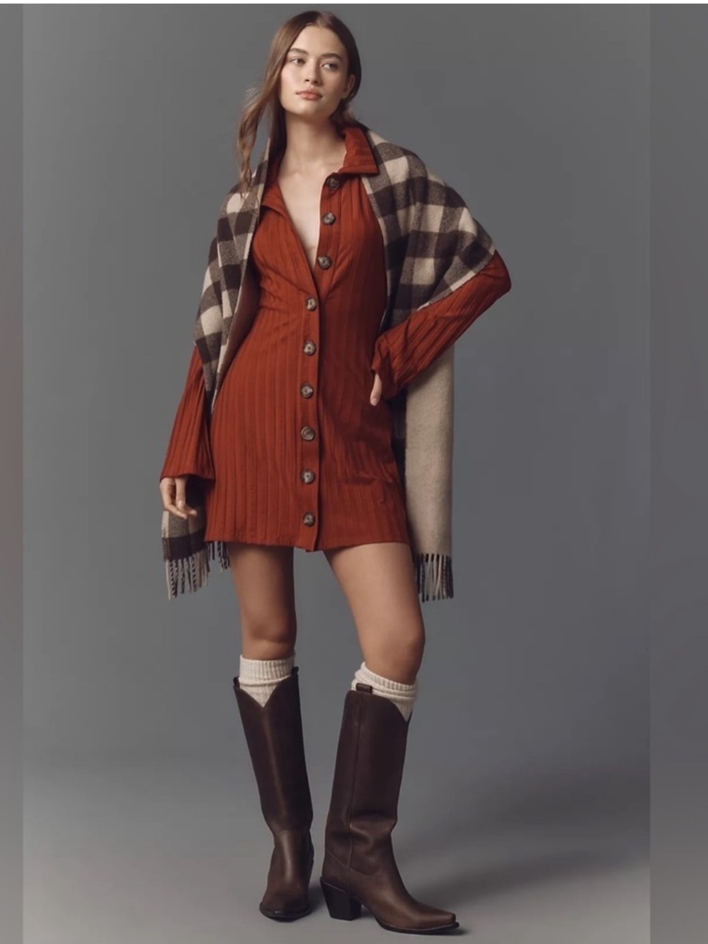 Reformation Benton Button Down Long Sleeve Dress Red Orange Rust